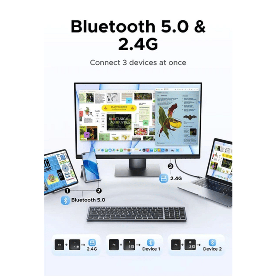 კლავიატურა UGREEN K552 (75163), Wireless, Bluetooth, USB, Keyboard, Grey