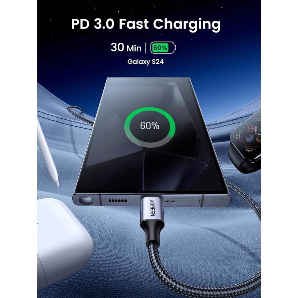 USB კაბელი UGREEN US261 (50150), 60W, Type-C To Type-C PD Fast Charging Cable 3A Max, 1M, Grey