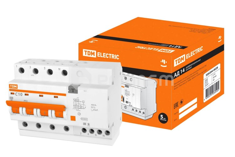 დიფერენციალური ავტომატი TDM АД14 4Р 10А 30мА SQ0204-0028