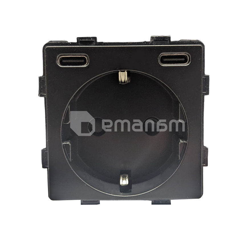 როზეტი Socket Style დამიწებით და შტორებით 20W 16A USB C+C ჩარჩოს გარეშე შავი