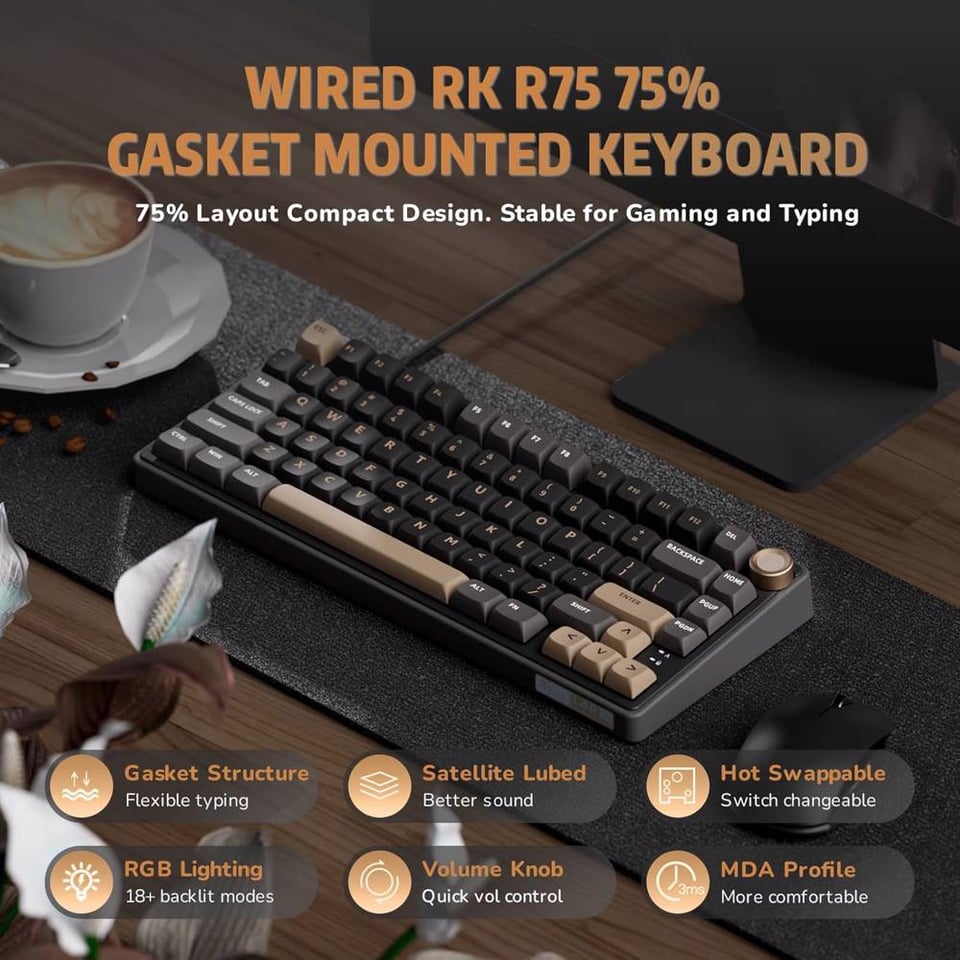 კლავიატურა Royal Kludge RK R75 RGB Mechanical Keyboard, Brown switch, Hot Swappable, Type-C wired, Phantom