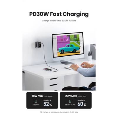 ადაპტერი UGREEN CD314 (90613) Nexode, 30W, 1 Socket, USB-A, Type-C, Gray