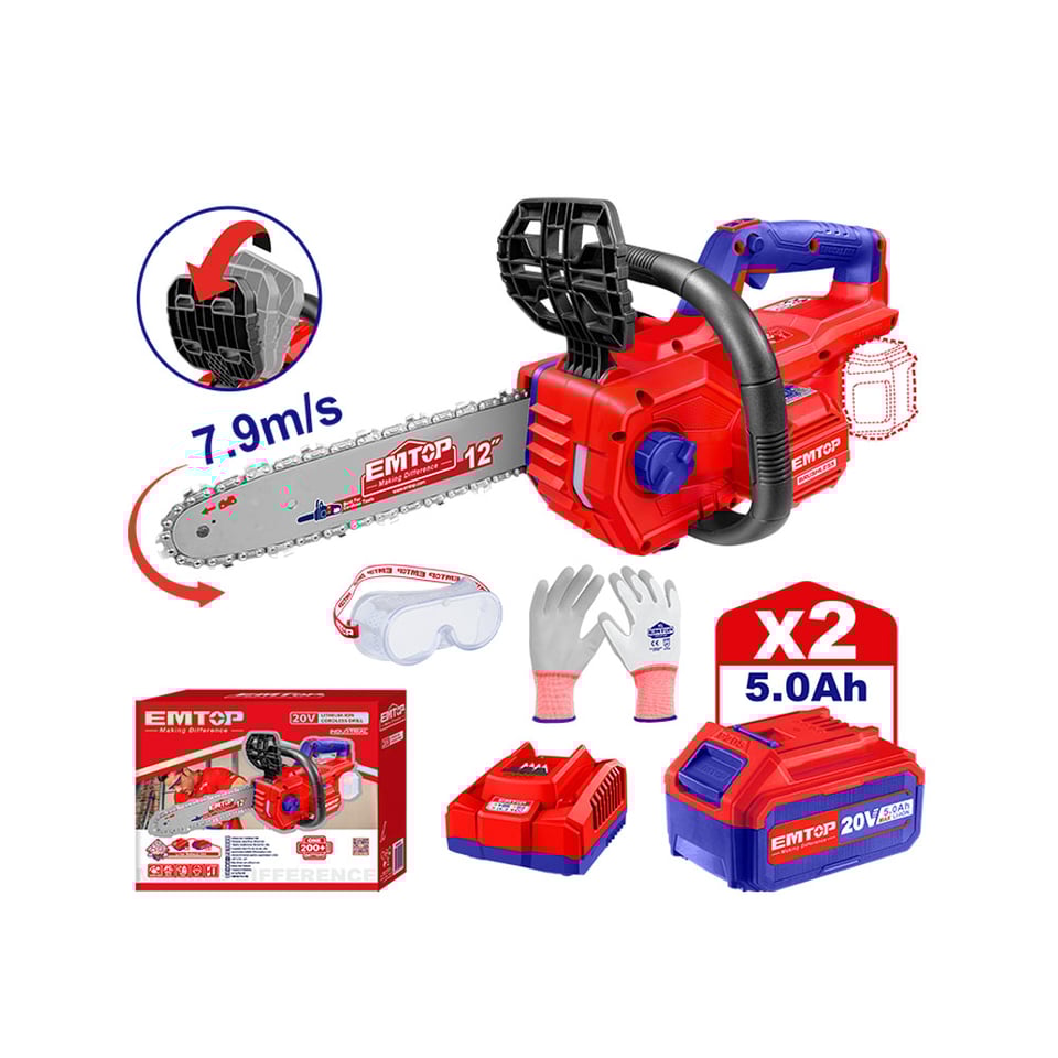 ჯაჭვური ხერხი ორი ელემენტით Li-Ion 12" 20ვ EMTOP