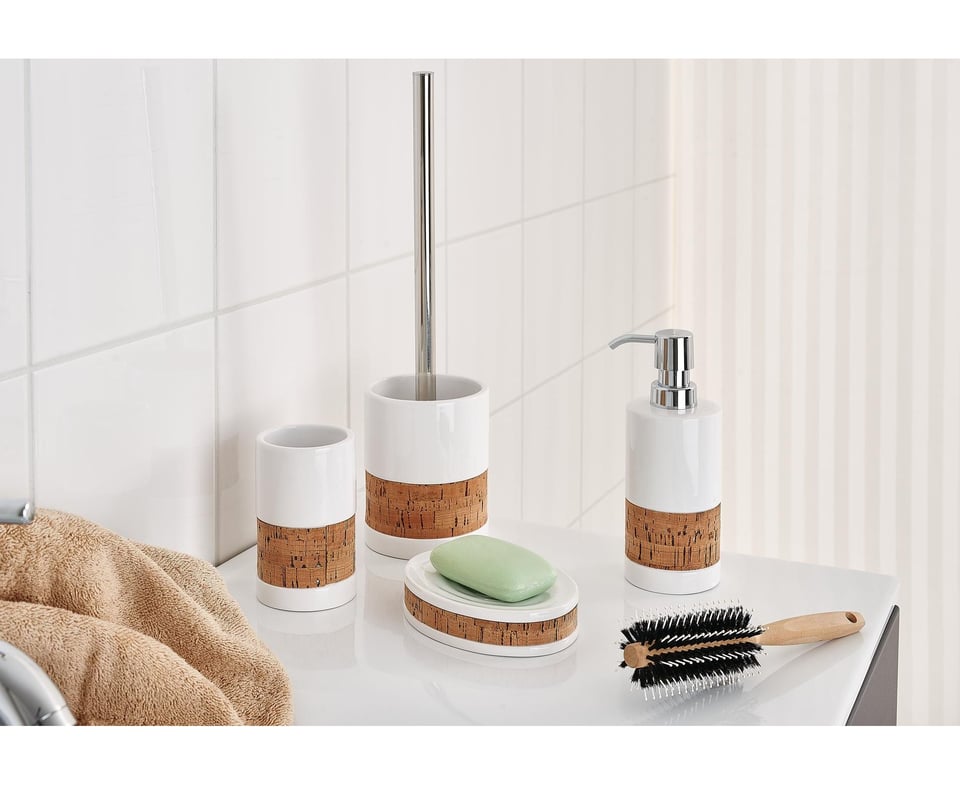 2124501 თხევადი საპნის კონტეინერი Soap dispenser Corky, white, pump colour: chrome, ceramics/ cork / ABS