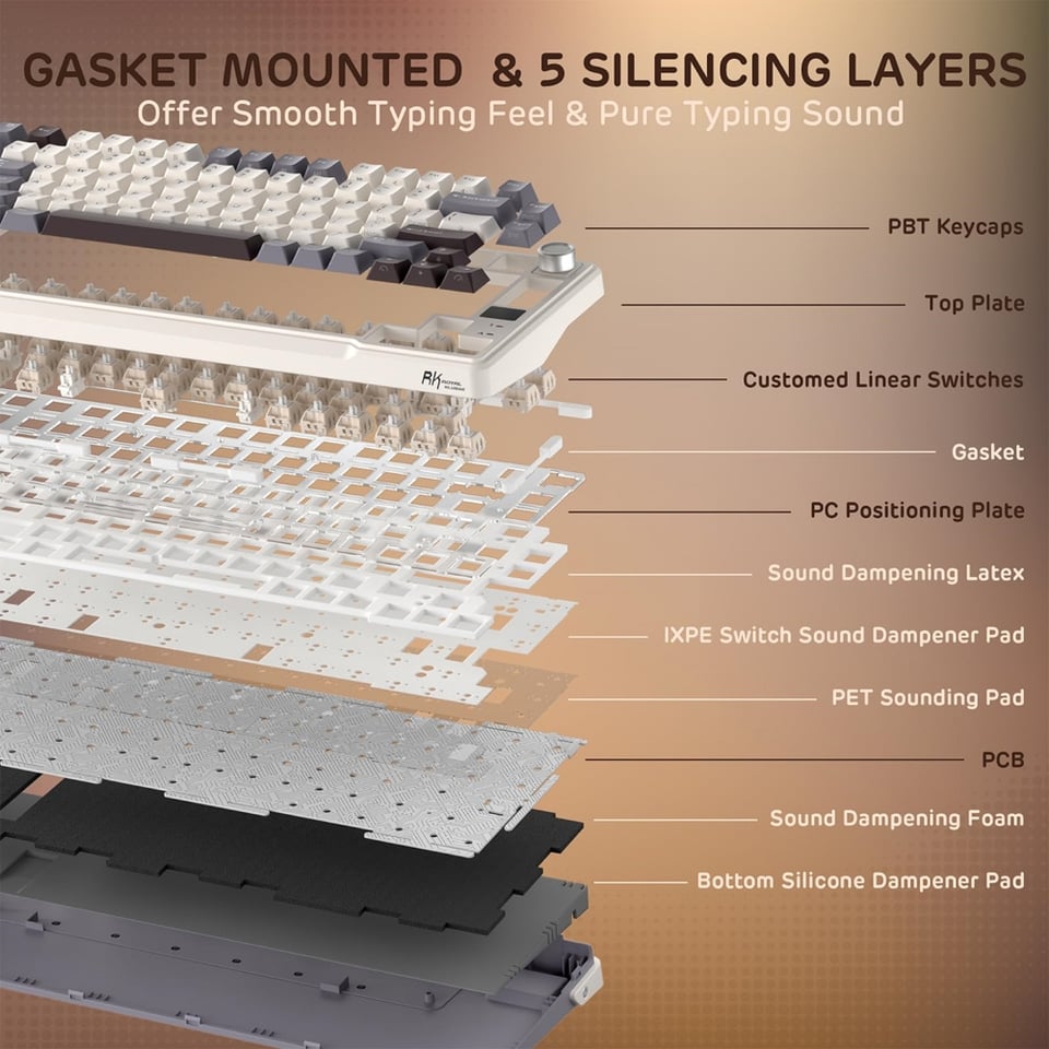 კლავიატურა Royal Kludge RK L98 RGB Mechanical Keyboard, Cream Switch, Hot Swappable, Wireless, Type-C, Bluetooth, 2.4GHz, Sandalwood Brown