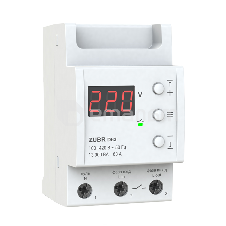 რელე ZUBR ერთფაზიანი ძაბვის 3 მოდულისთვის 63A 13 900 VA D63