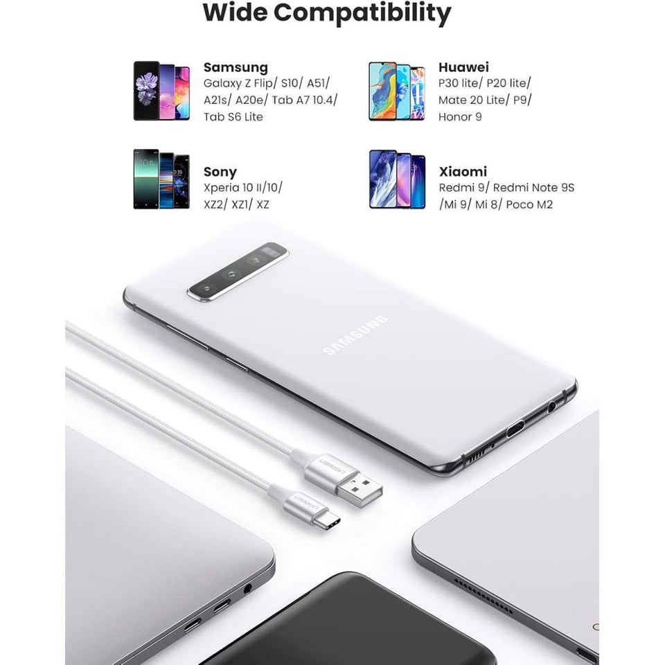 USB კაბელი UGREEN US288 (60133), USB-A 2.0 to Type-C Cable Nickel Plating Aluminum Braid, 2m, White