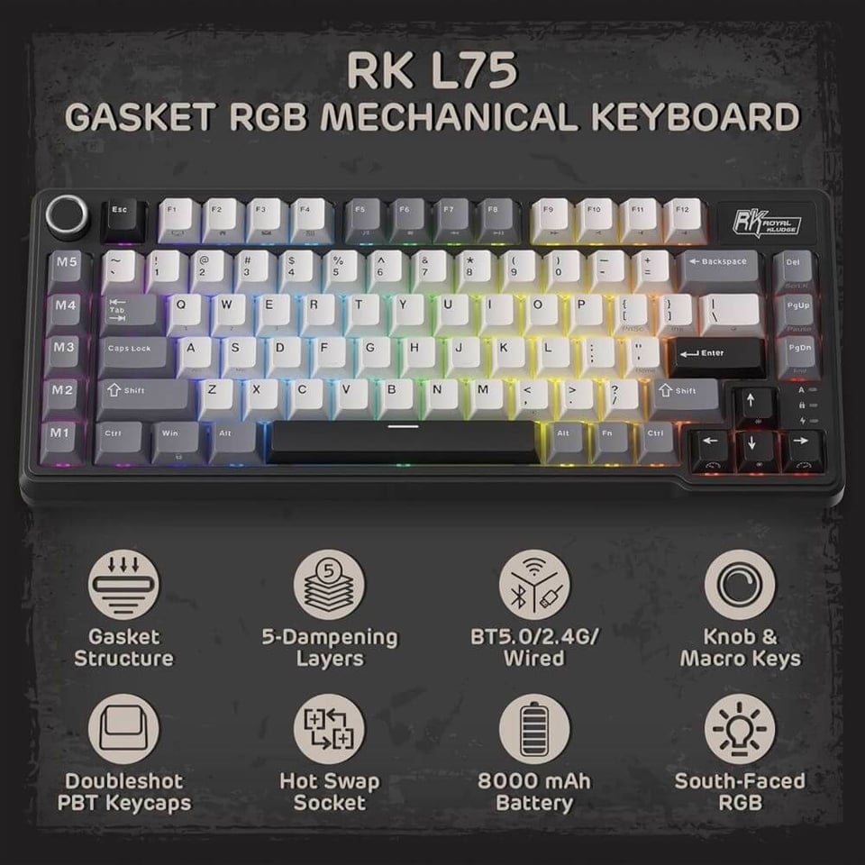 კლავიატურა Royal Kludge RKL75-KB-XW RGB Mechanical Keyboard, Beige Switch, Hot Swappable, Wireless, Type-C, Bluetooth, 2.4GHz, Knight Black