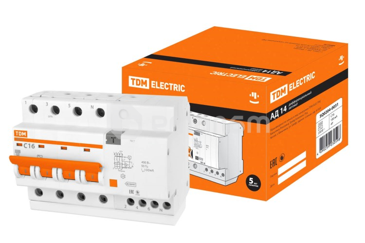 დიფერენციალური ავტომატი TDM АД14 4Р 16А 100мА SQ0204-0031
