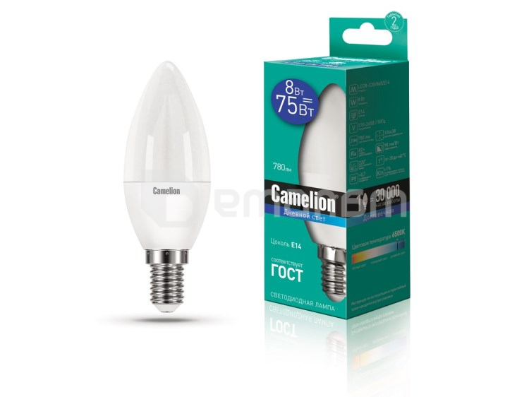 შუქდიოდური ნათურა Camelion 8W С35 Е14 6500K