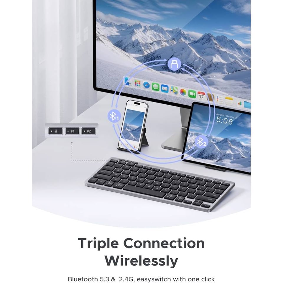 კლავიატურა UGREEN K551 (75049) Multi-mode, Wireless, Bluetooth, USB, Keyboard, Silver/Black