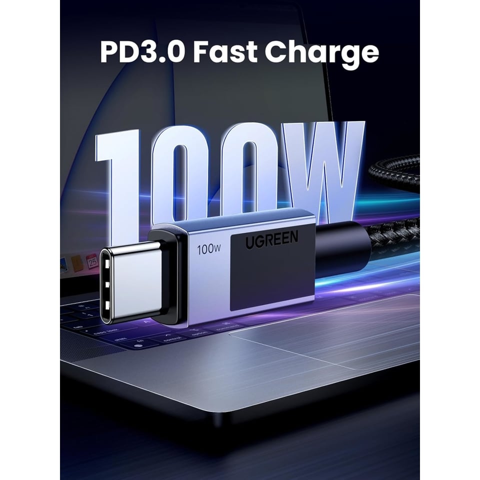 USB კაბელი UGREEN L512 (45065), 100W, Type-C to Type-C PD Fast Charging Cable, 3m, Space Gray