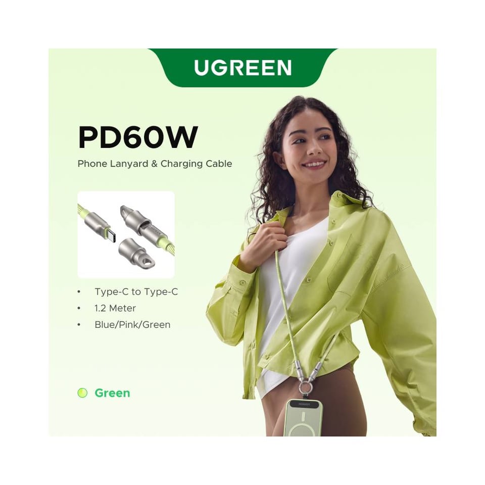 USB კაბელი UGREEN L508 (35500), 60W, Type-C To Type-C PD Fast Charging Lanyard Cable, 1.2m, Green