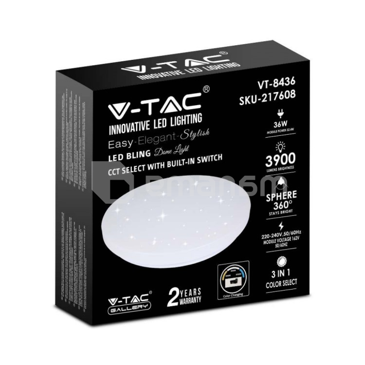 ჭერის განათება LED V-TAC 36W 3000 6400K 3900Lm CCT CHANGING 3IN1 მრგვალი 217609