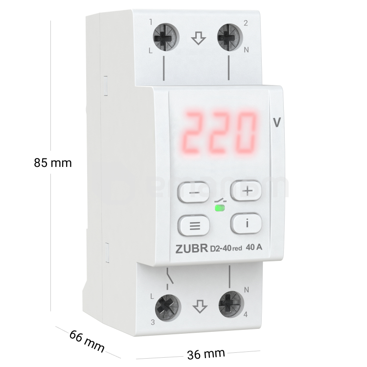 რელე ZUBR ერთფაზიანი ძაბვის 2 მოდულისთვის 40 A მაქსიმუმ 50 A 8 800 VA D2-40 red