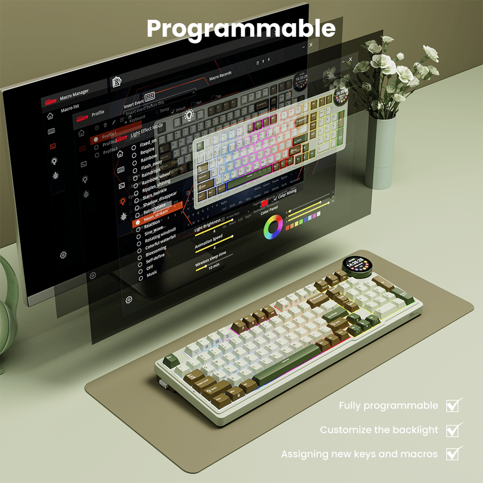 კლავიატურა Royal Kludge RK N99 RGB Mechanical Keyboard, Cream Switch, Hot Swappable, Wireless, USB, Bluetooth, 2.4GHz, Palm Green