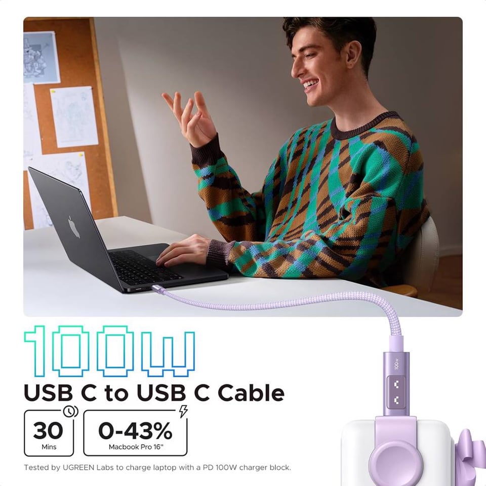 USB კაბელი UGREEN Uno L509 (65216), 100W, Type-C to Type-C Fast Charging Cable, 2M, Purple