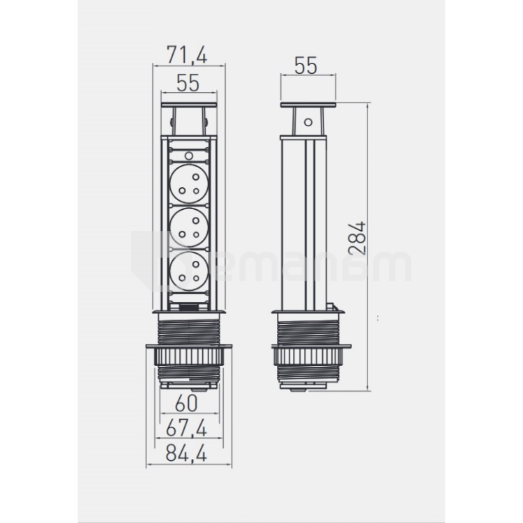 მაგიდაში სამონტაჟო როზეტი დამაგრძელებლით GTV 3 1.5მ ვერცხლისფერი 3X მრგვალი  60mm
