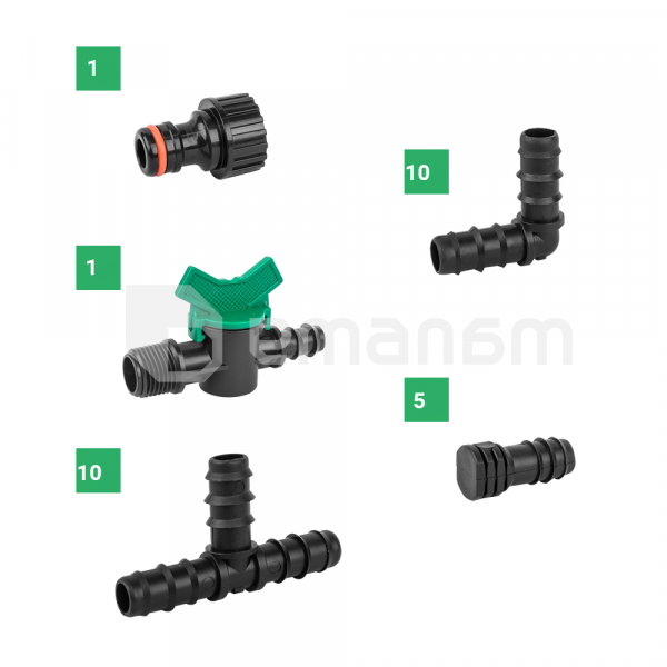 კონექტორების ნაკრები წვეთოვანი მორწყვისთვის Bradas DSWA20-SET1 16 მმ 27 ც