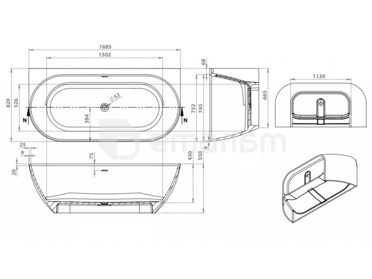 ხელოვნური ქვის აბაზანა Vayer SCORPIUS WHITE 168,5x82 სმ