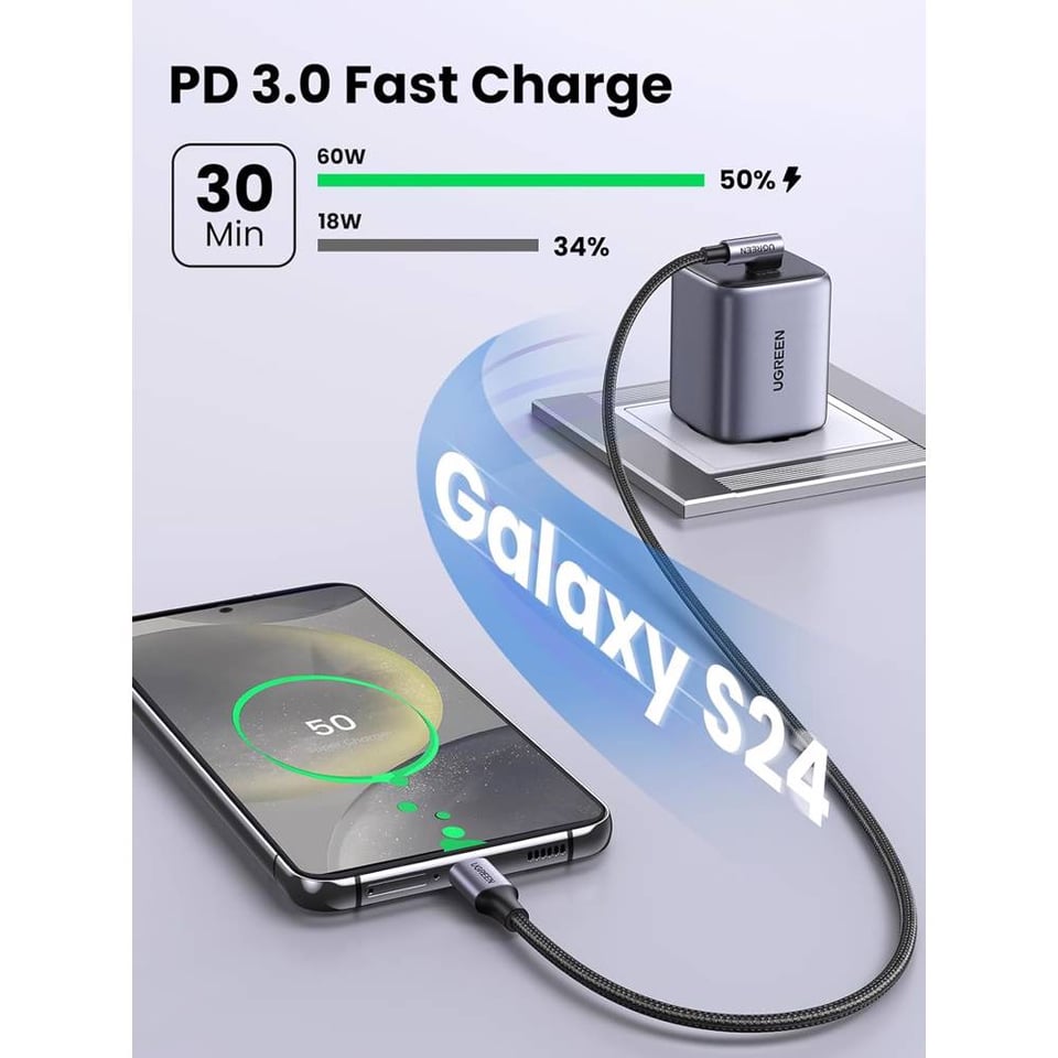 USB კაბელი UGREEN US255 (50122), 60W, Type-C to Angled Type-C Round, 0.5m, Grey