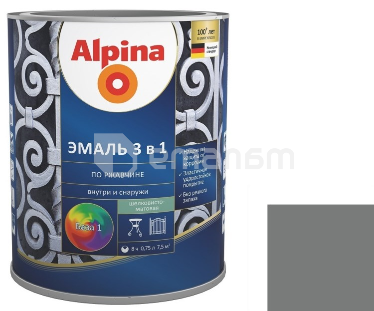 გრუნტი-ემალი ჟანგის Alpina 3-in-1 სადაფისებრი მუქი ნაცრისფერი 2.5 ლ