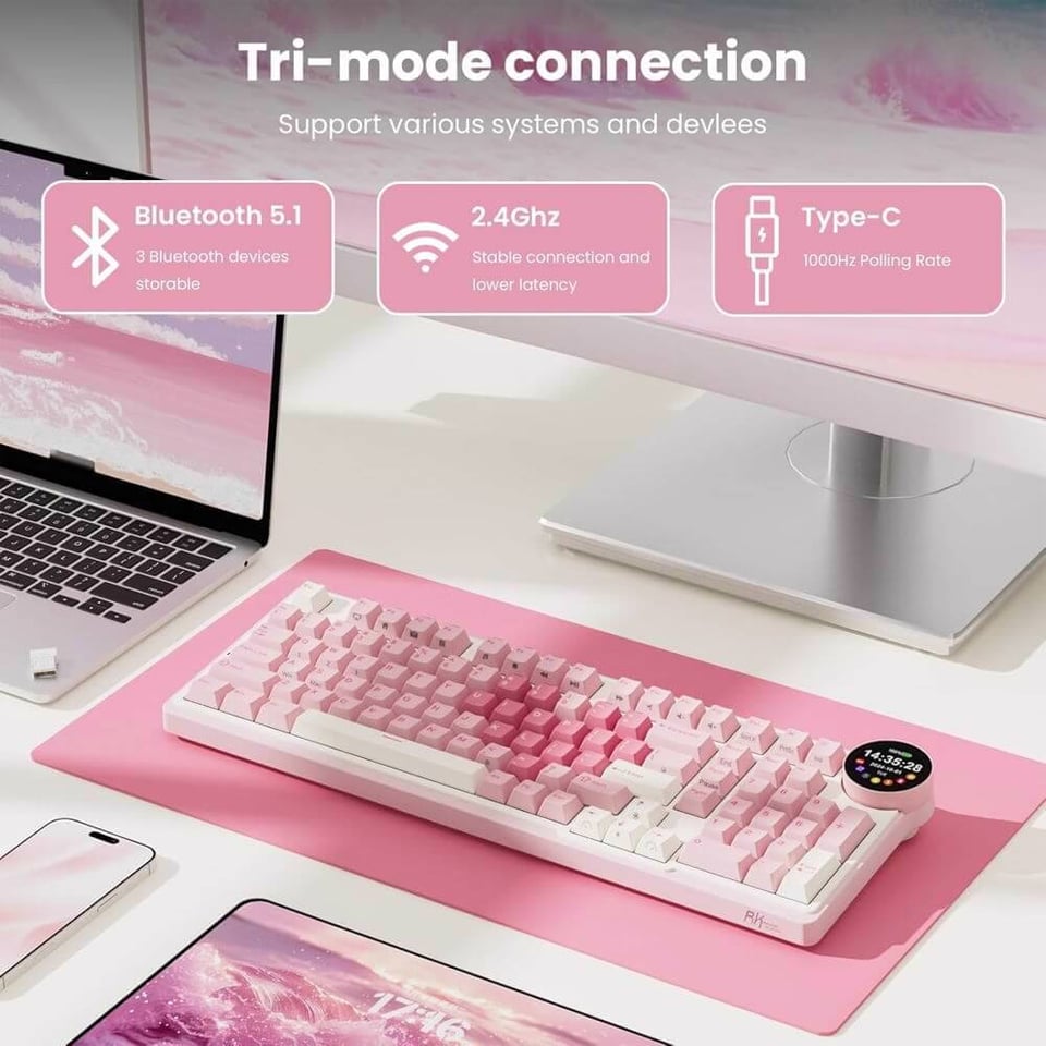 კლავიატურა Royal Kludge RKN99-PM-XH RGB Mechanical Keyboard, Cream Switch, Hot Swappable, Wireless, Type-C, Bluetooth, 2.4GHz, Pink Melody