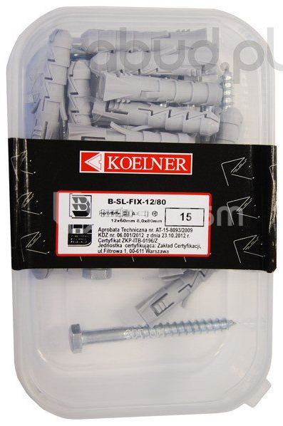 დიუბელი Koelner 12 მმ ექვსკუთხა წახნაგით სჭვალით 8.0x80 მმ 15 ც B-SL-FIX-12/80  ყუთი