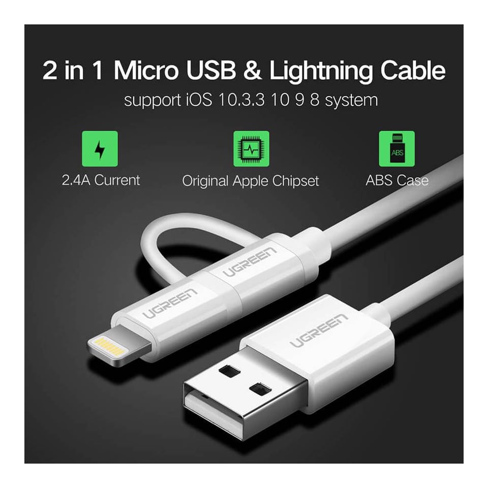 USB კაბელი UGREEN US178 (20876), USB to Lightning/Micro USB, 1m, White
