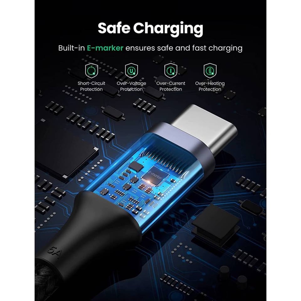 USB კაბელი UGREEN US316 (70427) 100W, Type-C to Type-C Fast Charging Cable, 1m, Black