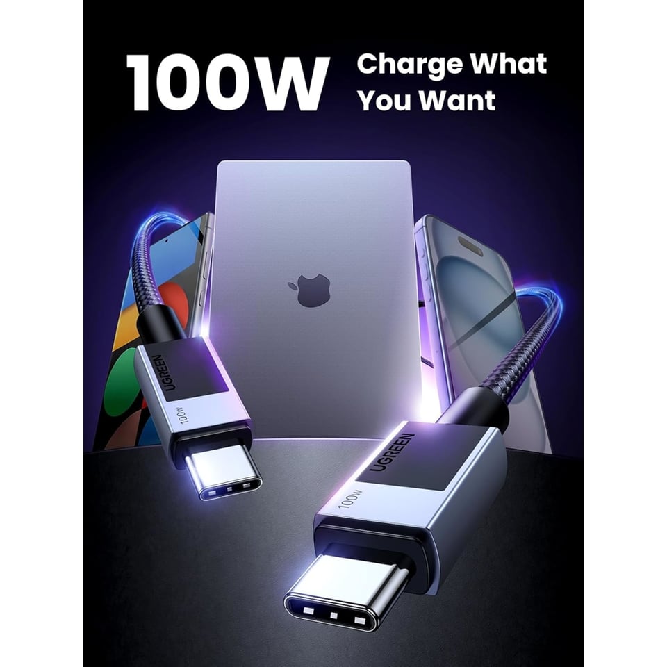 USB კაბელი UGREEN L512 (45064), 100W, Type-C to Type-C PD Fast Charging Cable, 2m, Space Gray
