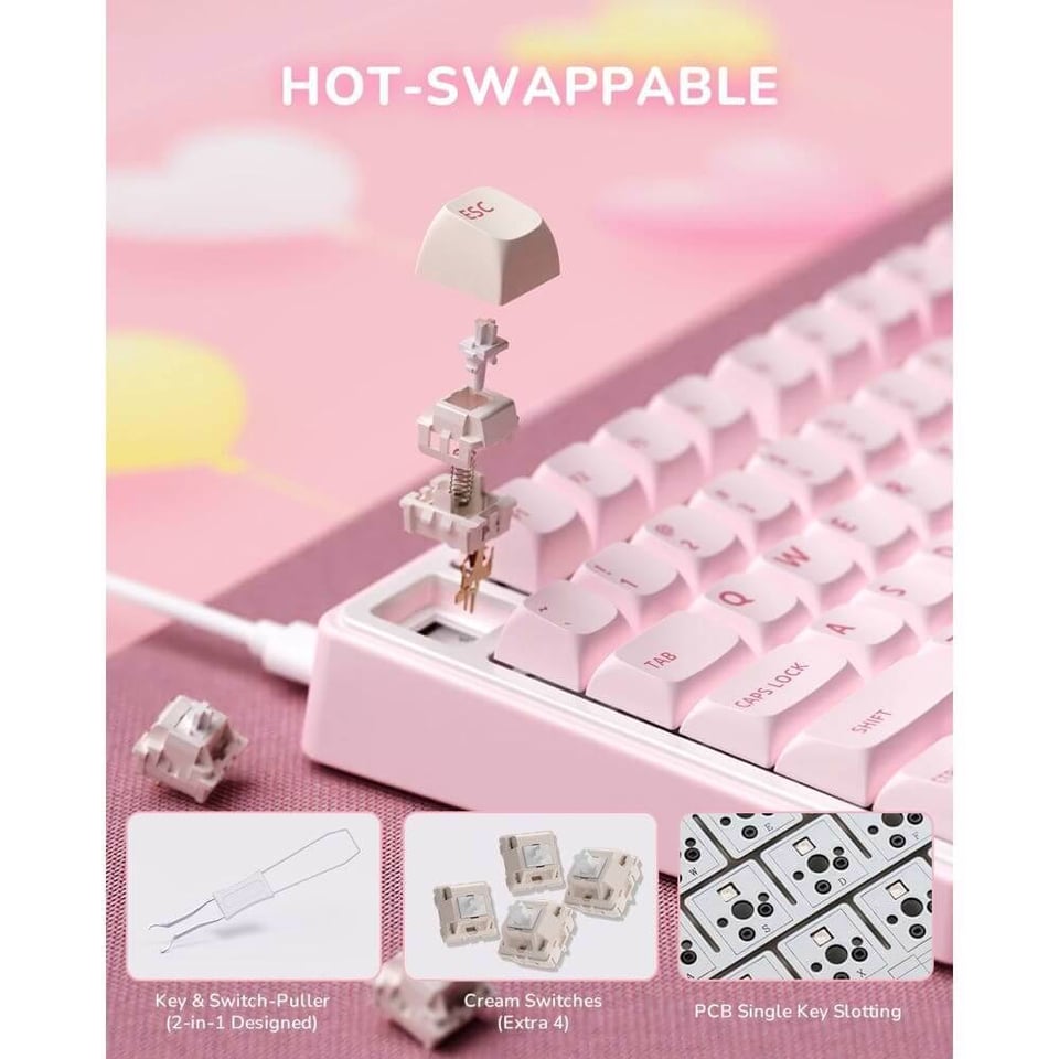 კლავიატურა Royal Kludge RKR75-PM-XW RGB Mechanical Keyboard, Beige Switch, Hot Swappable, Wired, USB, Pink Melody