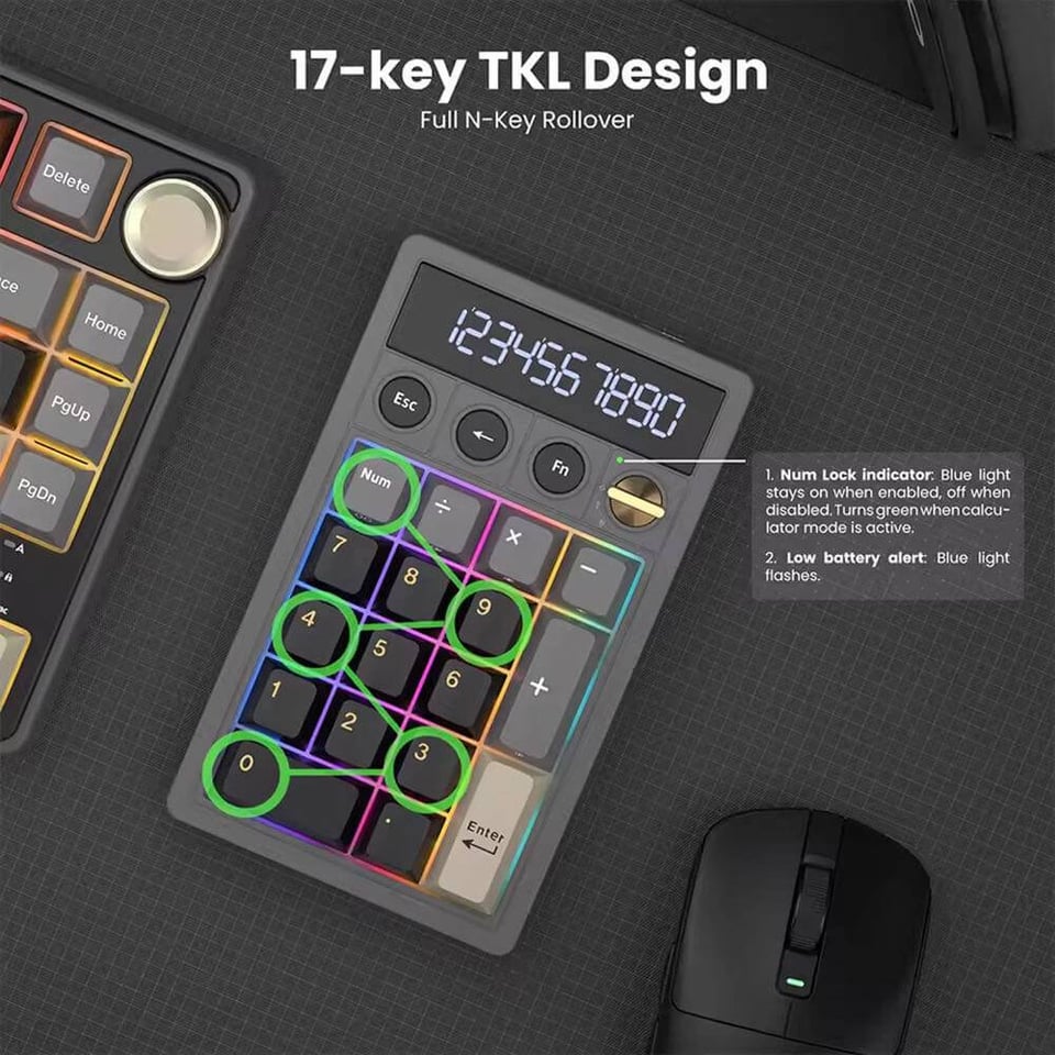 კლავიატურა Royal Kludge RKM20-PT-YXZ RGB Mechanical Numpad, Violet Switch, Hot Swappable, Wireless, Type-C, Bluetooth, 2.4GHz, Phantom