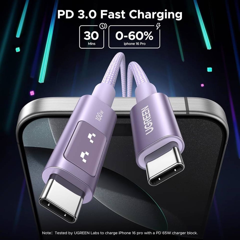 USB კაბელი UGREEN Uno L509 (65092), 100W, Type-C to Type-C Fast Charging Cable, 1M, Purple