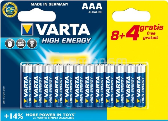 ელემენტი VARTA Alkaline High Energy 8+4 AAA 1.5 V 12 ც
