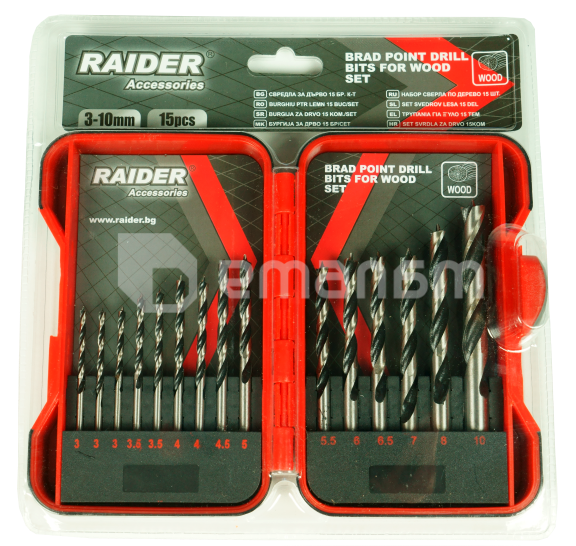 ნაკრები ბურღების ხისთვის Raider 157791 3-10 მმ 15 ც