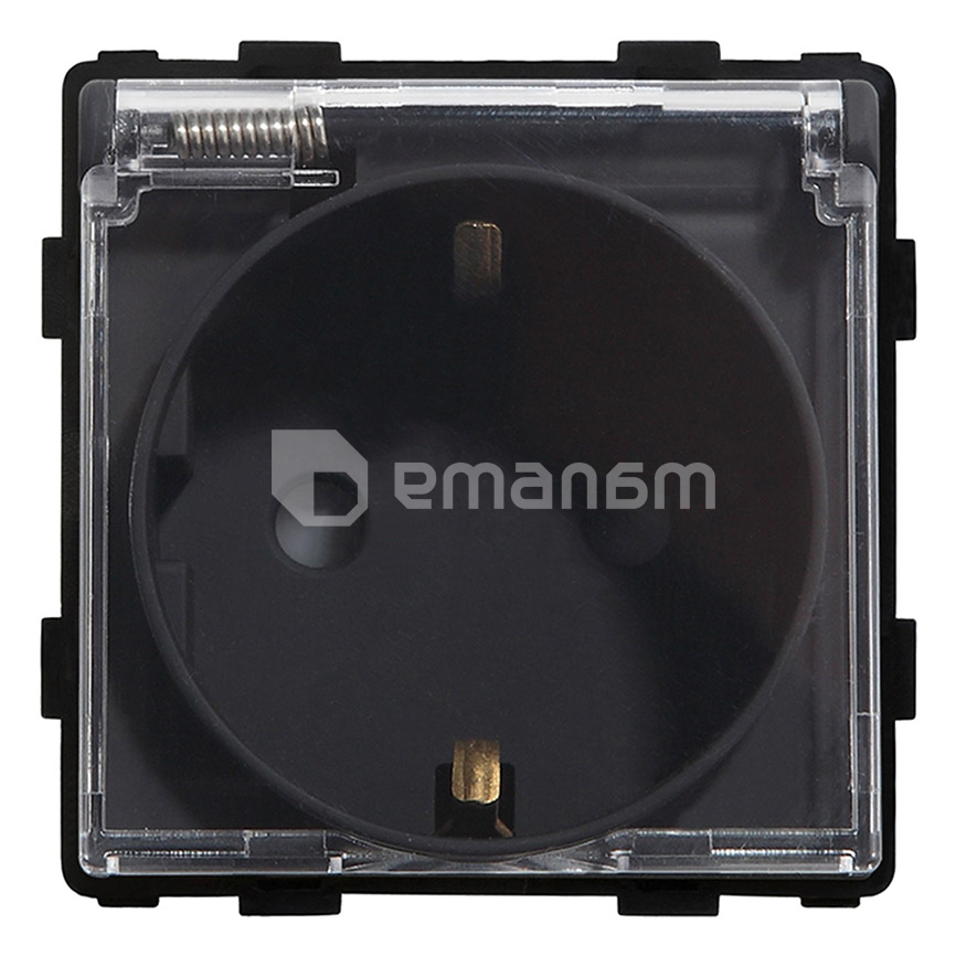 როზეტი ჩარჩოს გარეშე Socket Style 16A დამიწებით და შტორებით გამჭვირვალე თავსახურით შავი
