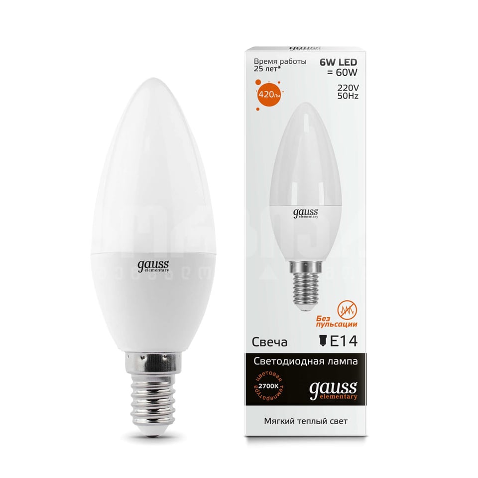 ლედ ნათურა Candle 6W E14 2700K gauss el - 33116