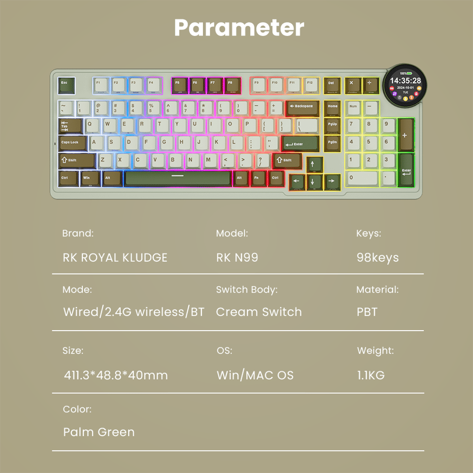 კლავიატურა Royal Kludge RK N99 RGB Mechanical Keyboard, Cream Switch, Hot Swappable, Wireless, USB, Bluetooth, 2.4GHz, Palm Green