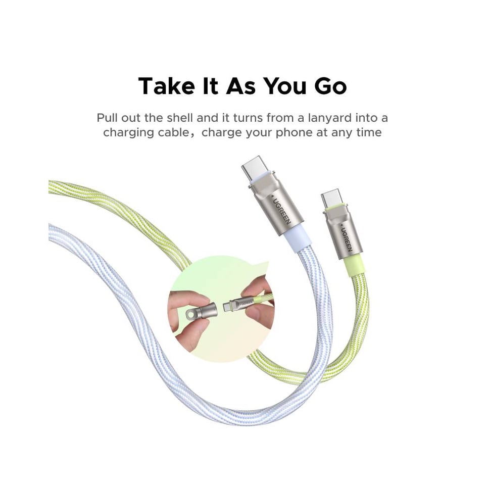 USB კაბელი UGREEN L508 (35500), 60W, Type-C To Type-C PD Fast Charging Lanyard Cable, 1.2m, Green