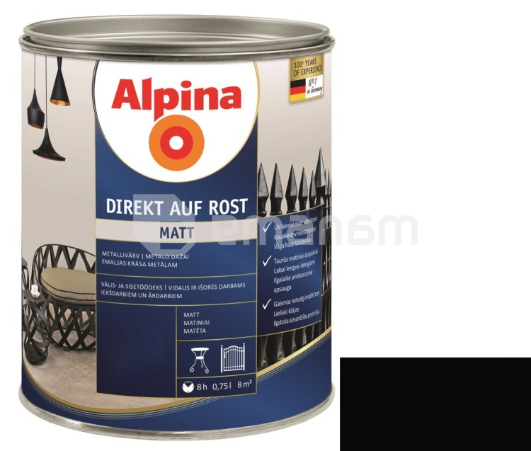 ემალი ანტიკოროზიული Alpina Direkt Auf Rost Matt შავი 0.75 ლ