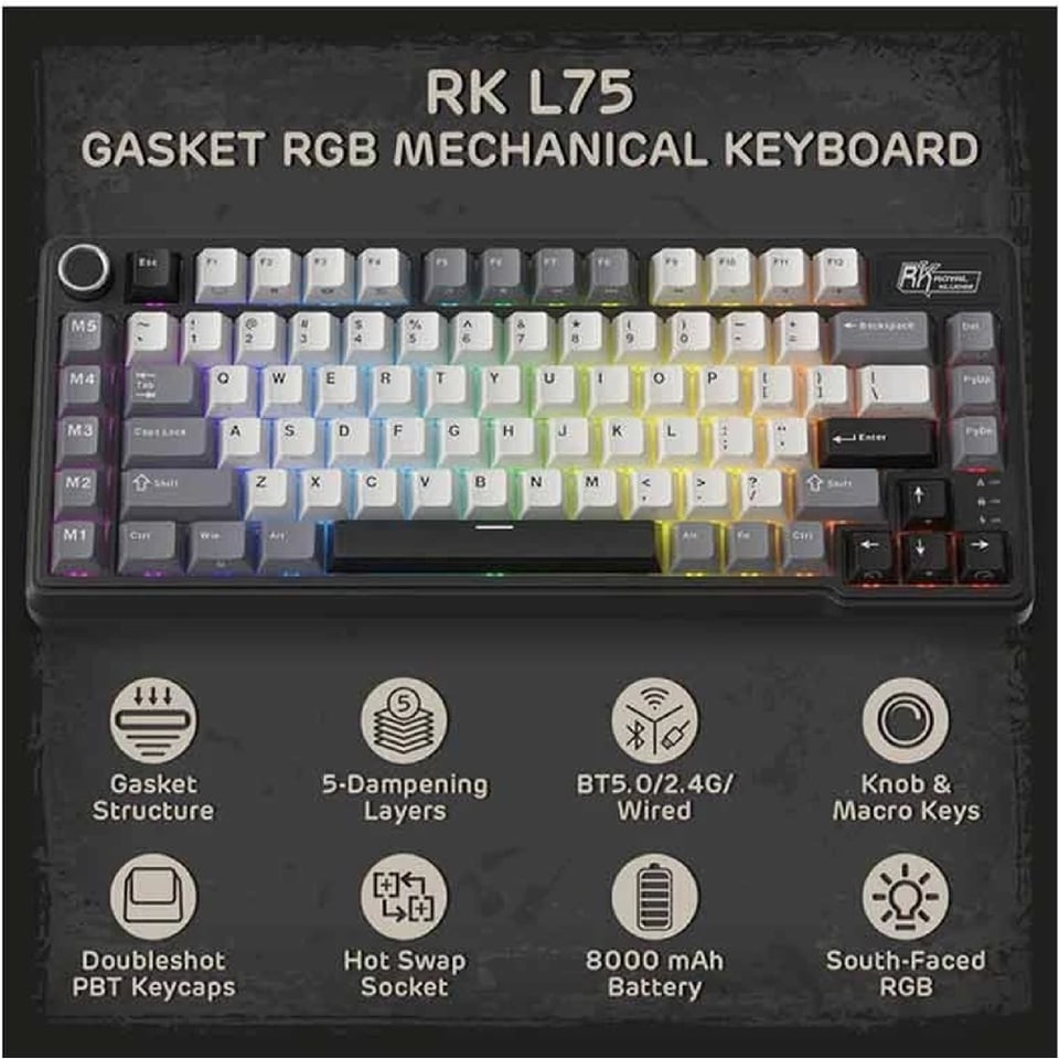 კლავიატურა Royal Kludge RK L75 RGB Mechanical Keyboard, Cream Switch, Hot Swappable, Wireless, Type-C, Bluetooth, 2.4GHz, Knight Black