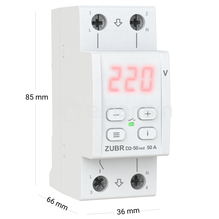 რელე ZUBR ერთფაზიანი ძაბვის 2 მოდულისთვის 50 A მაქსიმუმ 60 A 11 000 VA D2-50 red