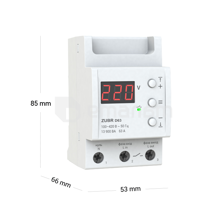რელე ZUBR ერთფაზიანი ძაბვის 3 მოდულისთვის 63A 13 900 VA D63