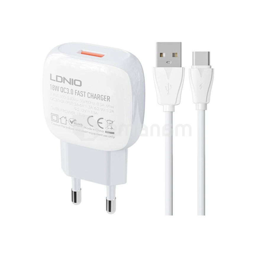 დამტენი LDNIO A1306Q 18W USB to Type-C კაბელი