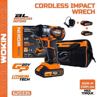 ელექტრო ქანჩის მოსახსნელი Wokin 620335, 20V, 2.0Ah, LI-ION Cordless Impact Wrench (Industrial) 20V, 350NM, Black/Orange