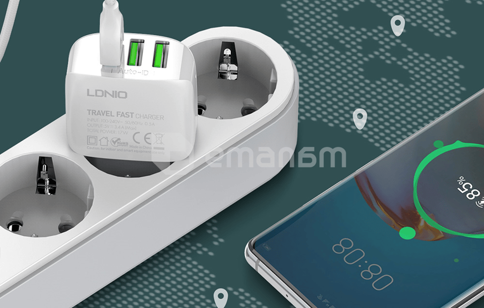დამტენი LDNIO A3312 17W USB To Type C 3 USB კაბელი