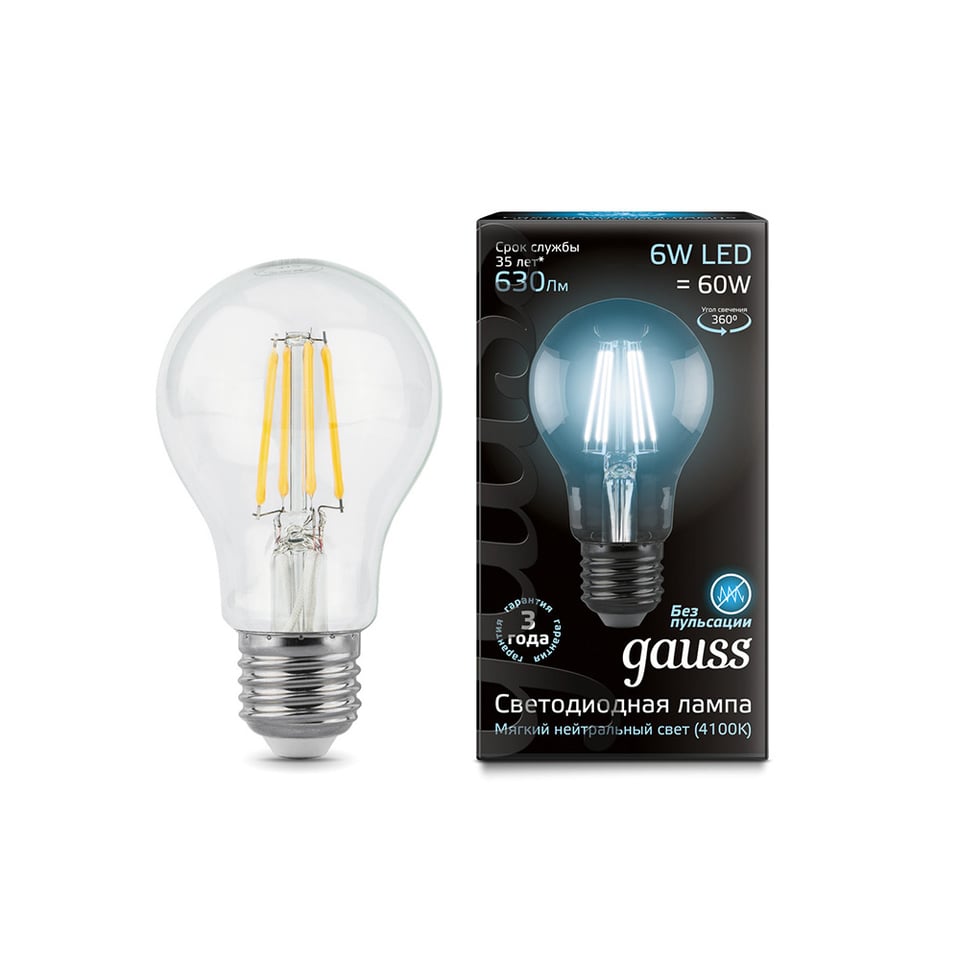 ლედ ნათურა Filament A60 E27 6W 4100К - 102802206	