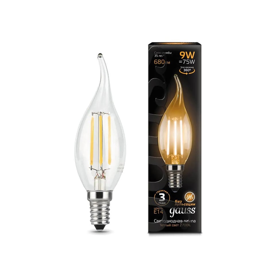 LED ნათურა Filament Candle Tailed 9W E14 2700K Gauss Black