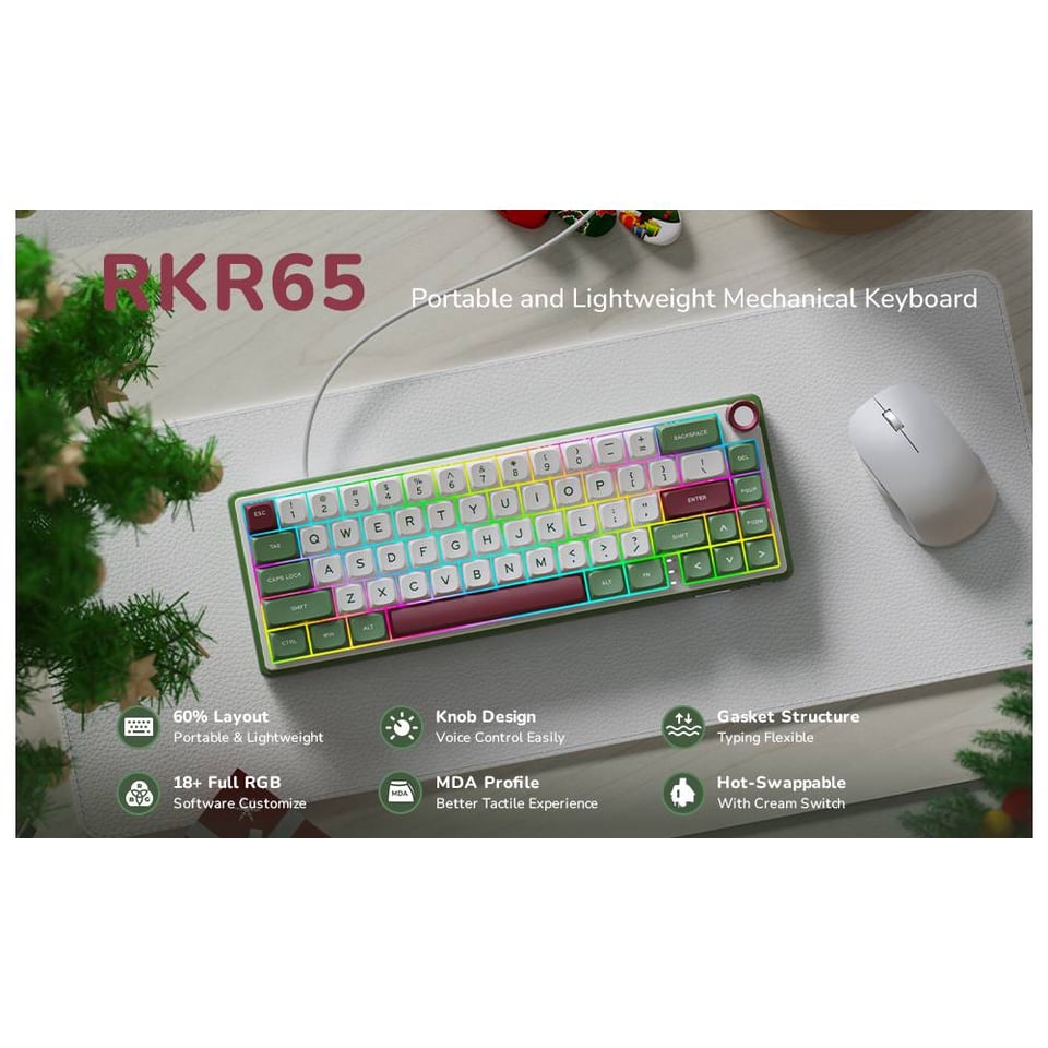კლავიატურა Royal Kludge RK R65 RGB Mechanical Keyboard, Brown switch, Hot Swappable, Type-C wired, Green sand
